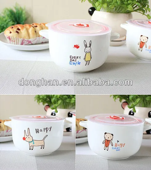 cute design ceramic noodle bowl with 2 ears for kids