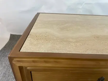 Mid-Century Modern Travertine Top Wooden Nightstand