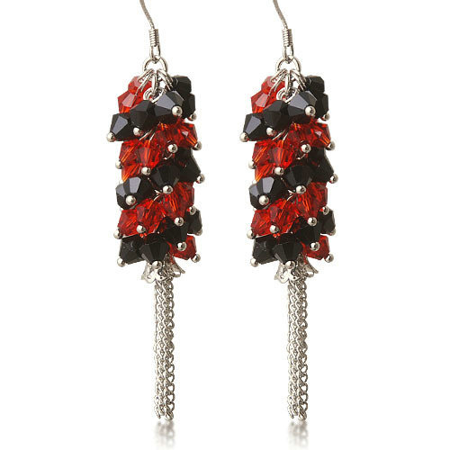 Fat black and red crystals drop earring with strand chain