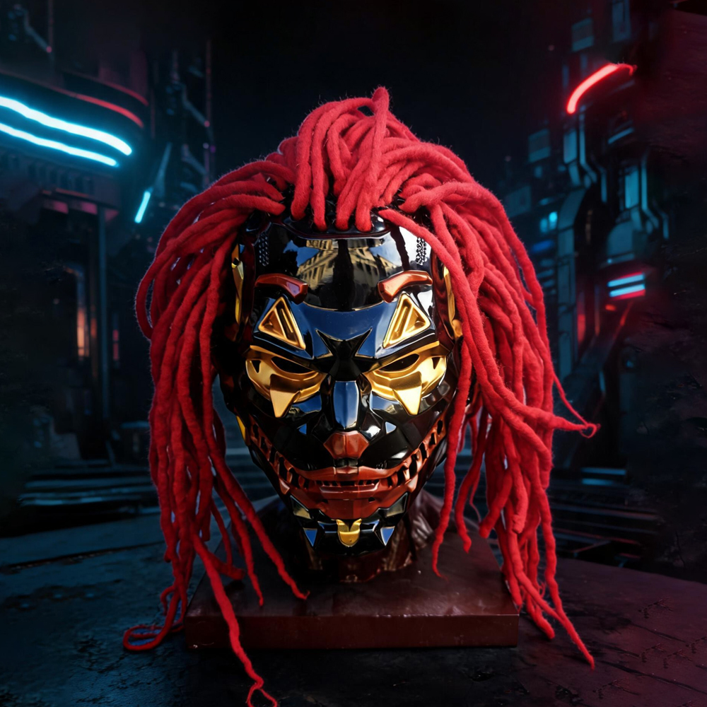 Red Dreadlock Cyber Oni Cosplay Mask