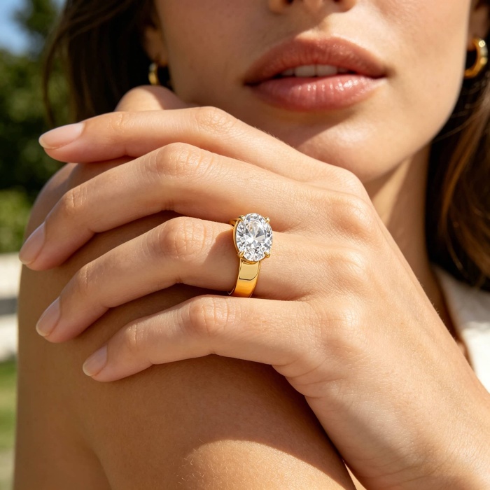 18K Wide Band Oval Lab Diamond Solitaire Ring | FLORAL NA ALAHAS