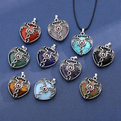 Black Obsidian Heart Antique Silver Double Dragon Stone Pendant (32x42mm) Keychain