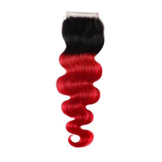 Amazon Hot Ombre Colored 4x4 1B Red Transparent Swiss Lace Closure Free Part High Density Brazilian Hair Body Wave Lace Closure