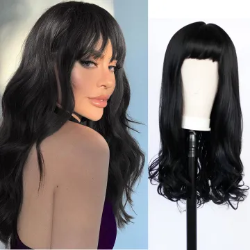 Dark black Wigs with Bangs Long Wavy Wigs for Women Synthetic Brunette Wig with Bangs Heat Resistant Natural Wavy for Daily