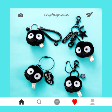 Cute Small Black Charcoal Ball Pendant Plush Key Chain Wizard Keychain Cute Plush Ball Keyrings Pendant for Women Bag Jewelry