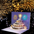 Tarjeta emergente de pastel de cumpleaños brillante con luces y música