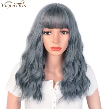 Vigorous Natural Wave Wig with Bangs Blue or Black Long Wavy Synthetic Wigs for Women Heat Resistant Fiber Hair