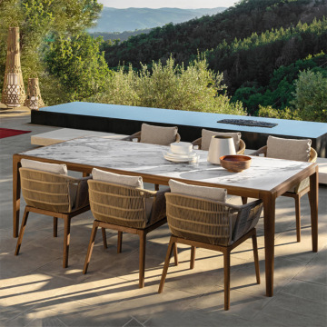 High End Hotel Restaurant Outdoor Coffee Shop Furniture - Rope Braid Design Metal Frame Dining Table and Chair Set