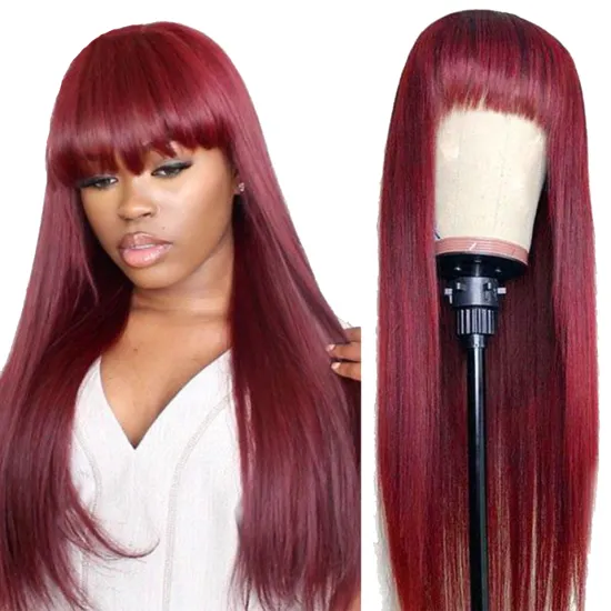 Wholesale 16~28 inches Straight Wig With Bang Brazilian Remy Human Hair Wig Burgundy Orange brown black Full Machine Made Wig