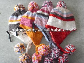 colorful strip knitted beanie hat with headset pom-pom on top and pom-pom Tassels for kids fashion
