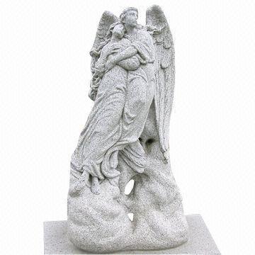 72" Large Garden Hugging Overlooking Lovers Granite Angel Sculpture in Full Honed