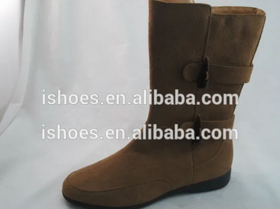 new design cheap brown pu half boots for ladies with metal buckle