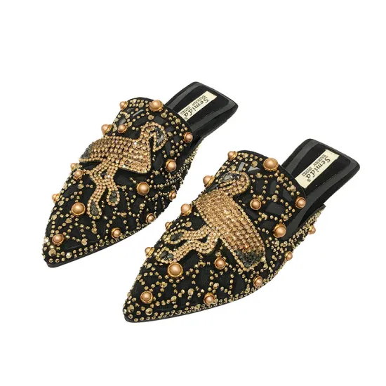 Summer 2024 Women's Beach Shoes: Large Size 43, Hollowed Out Slippers with Rivet Rhinestones and Pointed Flat Bottom