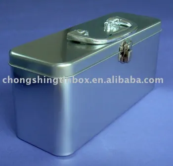 Rectangular tin storage box with handle and lock