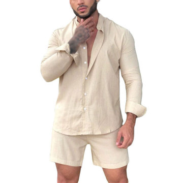 Men's Solid Color Loose Hawaiian Long Sleeved Shirt and Shorts Set