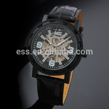 Brand Men's Black Luxury Skeleton Leather Mechanical Watch WM221-ESS