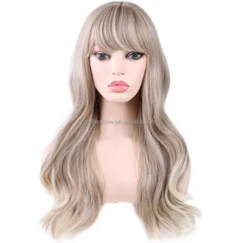 Hot sell Synthetic  Brown Wigs For Black Women Long Wavy Hair Wig With Neat Bangs Heat Resistant Fiber