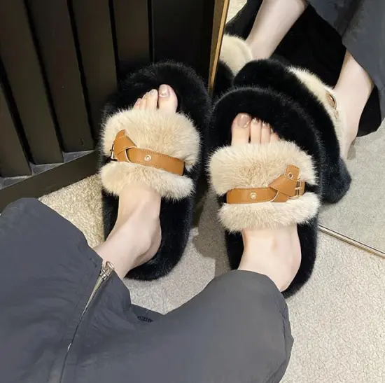 Winter Belt Buckle Fur Slippers with Thick Bottom and Plush Shoes for Women