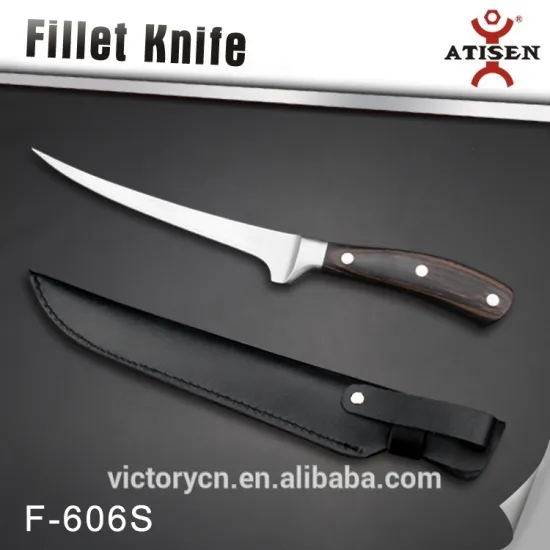 well sale 7" wooden handle fillet Knife with PU sheath