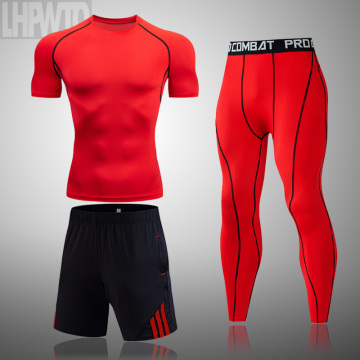 3pcs / Set Men's Tracksuit Sport Suit Gym Fitness Solid Color Compression Clothing Running Jogging Wear Exercise Tights