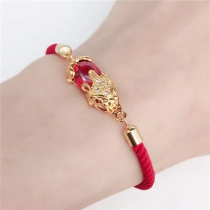 Vintage Style 18k Gold Plated Pixiu Bracelet with Real Gemstones: Red String, Purple, Green Jade, and Lucky Money Symbol for Feng Shui