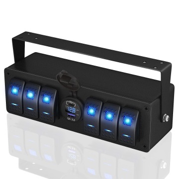 6 Gang Rocker Switch Box with USB Charger and Voltmeter for Boats and Cars