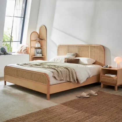 Nordic Simple Modern Master Bedroom Double Solid Wood Rattan Bed