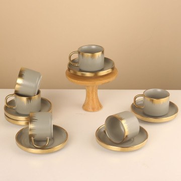ChaoZhou Factory 12pcs Coffee Set - Ceramic Gold Electroplated Turkish Coffee Cups & Saucers (Grey)