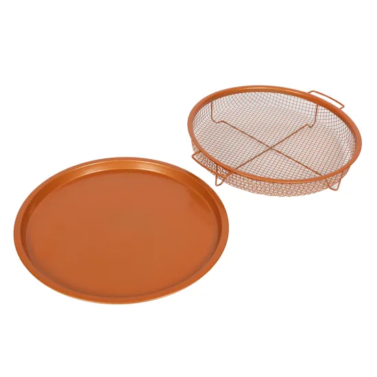 2-in-1 Round Air Fry & Baking Sheet with Copper Finish: Non-Stick Grill Crisper Tray and Oven Basket Set for Perfect French Fries