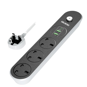UK 3 Gang Power Socket with 2 USB and 1 Type-C Fast Charging - Black Extension Socket with Safety Features and Switch