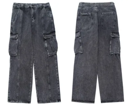 Men Cargo Work Pants Stone Wash Jeans