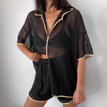 2025 Frauen Sommer sexy durchsichtigen Mesh Beach Shorts Set - Kurzarm -Top und Shorts passende Outfit