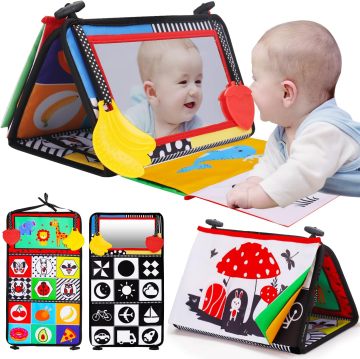 Mainan Pembangunan Otak: Cermin Bayi Masa Perut, Buku Kain Crinkle &amp; Toy Sensory Berbeza Tinggi untuk Bayi dalam Hitam dan Putih