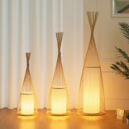Bamboo Weaving Style Wooden Tripod Floor Lamp
