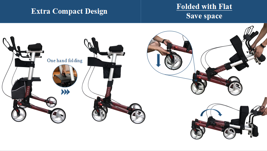 Dorośli Walker podwójnie składany aluminiowy rollator, pionowy piechur dla dorosłych