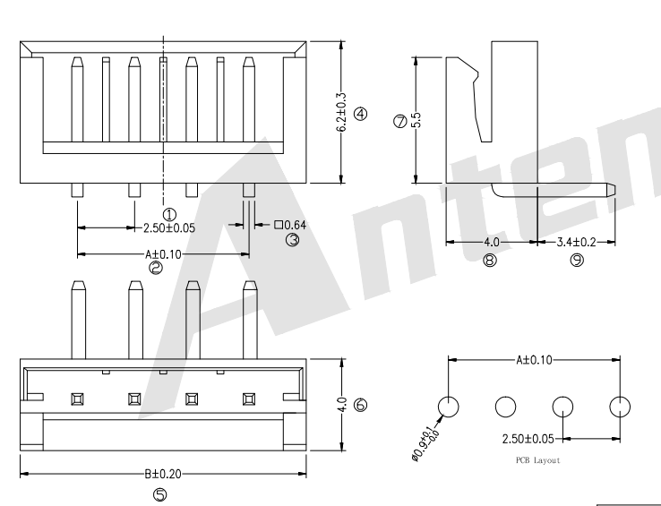 2,5 mm tonhöjd 90 ° Wafer Connector Series AW2502R-XP