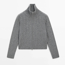 Women's Greige-style soft pure wool cable-knit turtleneck cardigan