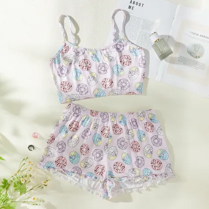 Polyester Cartoon Pajamas Set for Young Girls