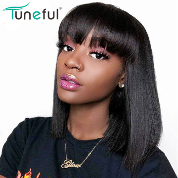 Short Human Hair Lace Closure Wigs With Bangs, Brazilian Straight Hair Bob Lace Wig With Front Fringe Bangs Ladies Hair Wigs