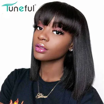 Short Human Hair Lace Closure Wigs With Bangs, Brazilian Straight Hair Bob Lace Wig With Front Fringe Bangs Ladies Hair Wigs