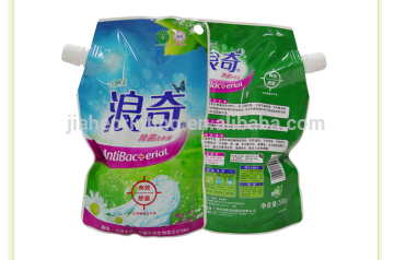 Household clothes care liquid stand up bag with spout