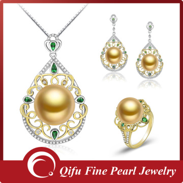 New Arrival Indian 18K gold full Emerald Luxury Southsea Pearl Jewelry Set