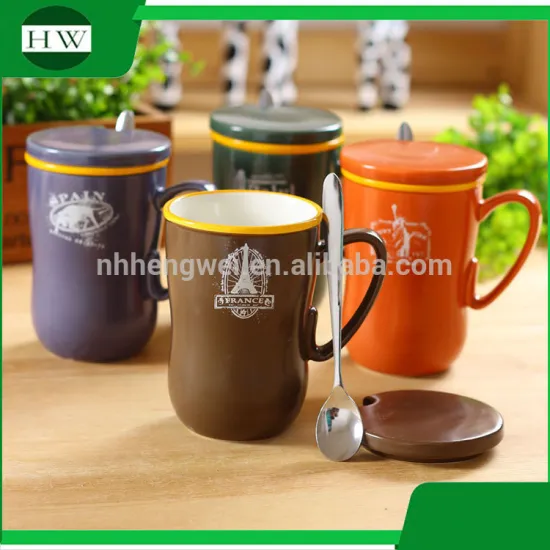 wholesale creative colorful country milk water tea milk coffee mug cup with handle and lid and spoon