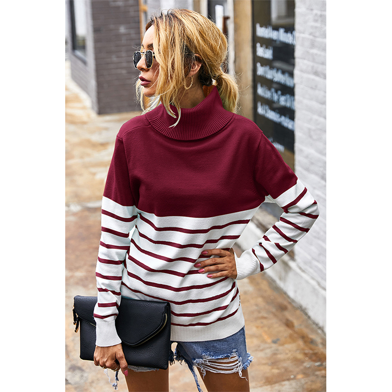 Women`s Turtleneck Stripe Color Knitted Sweater