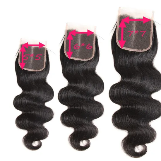 Wholesale Remy Virgin Brazilian Raw Unprocessed Hair 5X5 6X6 7X7 Body Wave Swiss Lace Closure