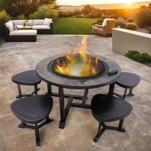 Slate Fire Pit and Stools Combo
