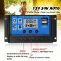 100A/50A/40A/30A/20A/10A 12V 24V Auto Solar Charge Controller PWM Controllers LCD Dual USB 5V Output Solar Panel PV Regulator