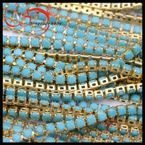 wholesale fashion jewelry 2mm turquoise color glass stone brass jewelry chain