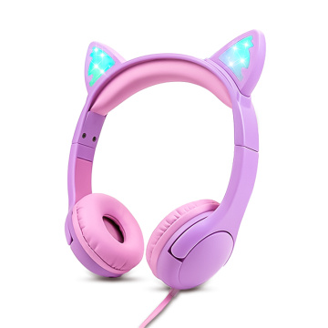 Telinga Cat LeD Light Up Headset Safe Volume Limited 85db Untuk Kanak -kanak Fon Kepala Kanak -kanak Dengan Mikrofon