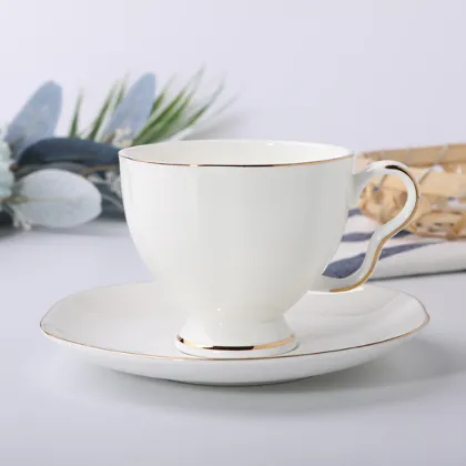 China Supplier Wholesale Bone China Gold Rim Tea Cup and Saucer Set, White Porcelain Coffee Cup and Saucer Set